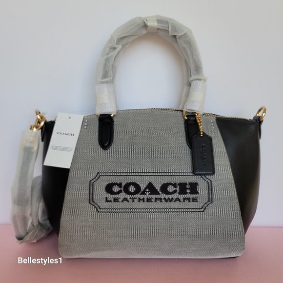 COACH Elise Badge Satchel In Jacquard & Refined Leather- Salt Black color ⭐ - Picture 2 of 16